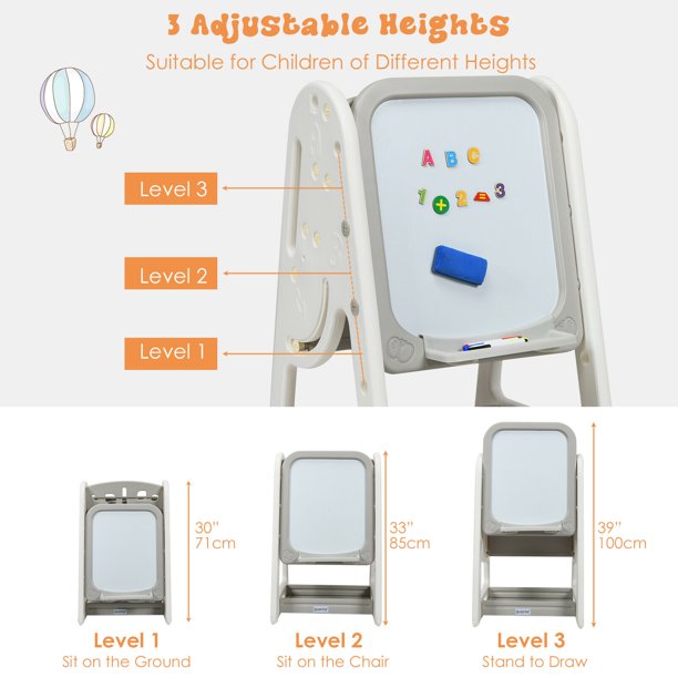 2-in-1 Adjustable Art Easel with Chair, Book Rack and Desktop