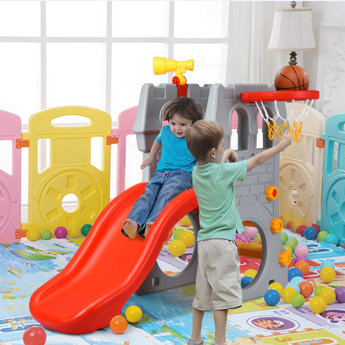 ﻿2-Step Kids Climber Set with Basketball Hoop and Telescope Toy