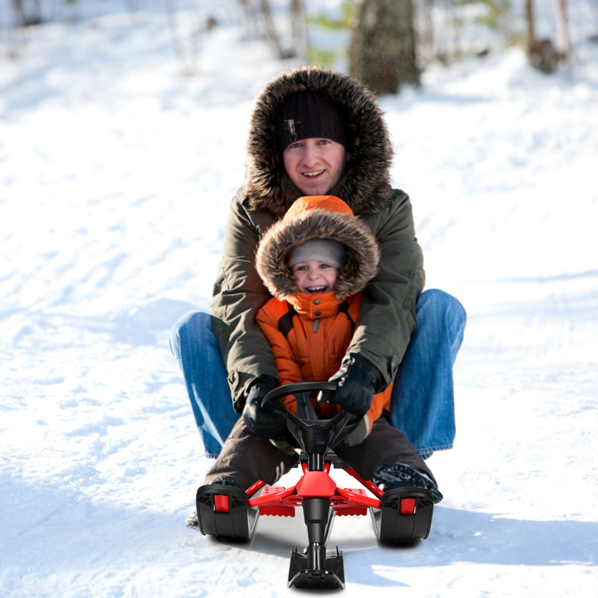 Kids Snow Racer Sled with Steering Wheel & Double Brakes