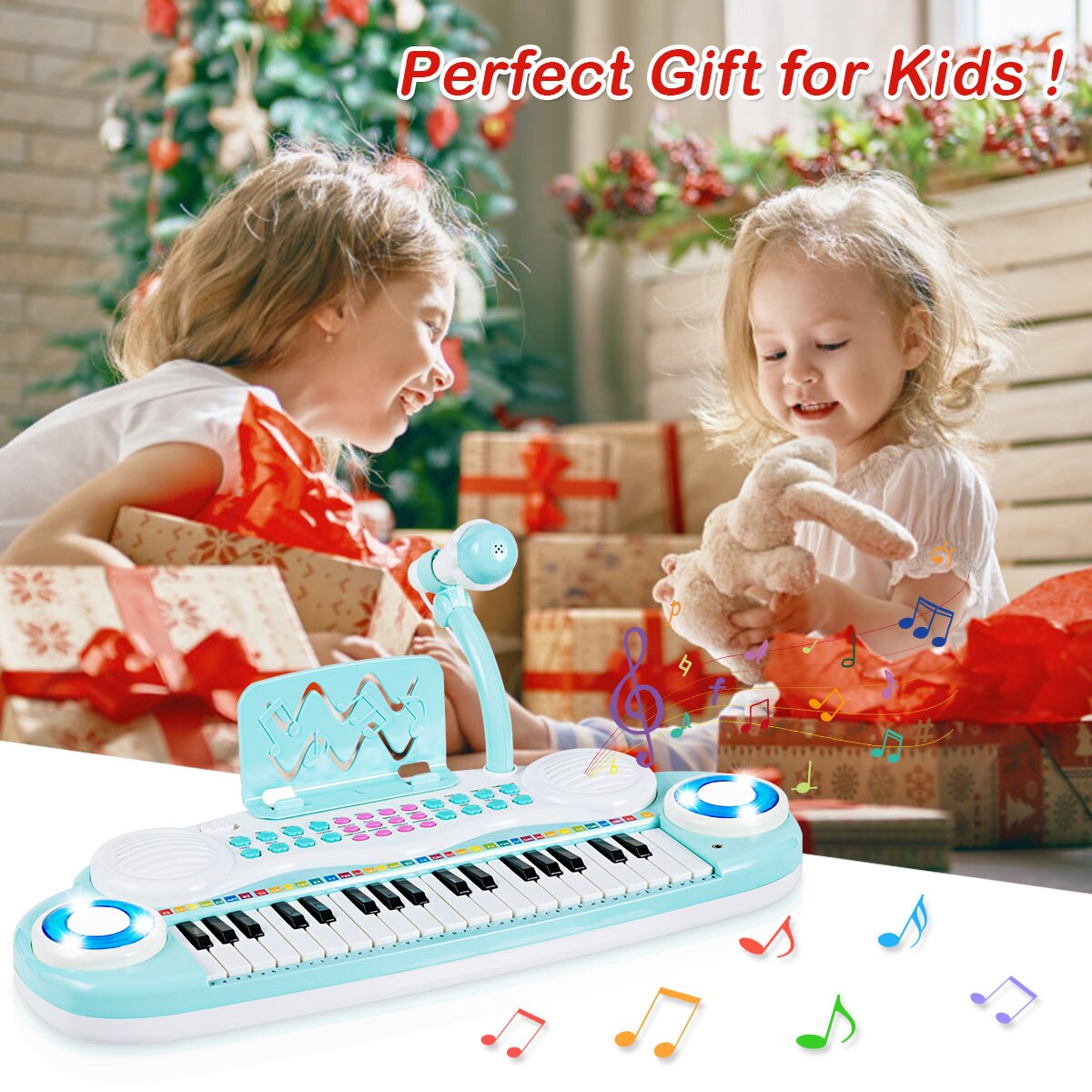 37-Key Electronic Piano Keyboard with Microphone & Music Score in Blue