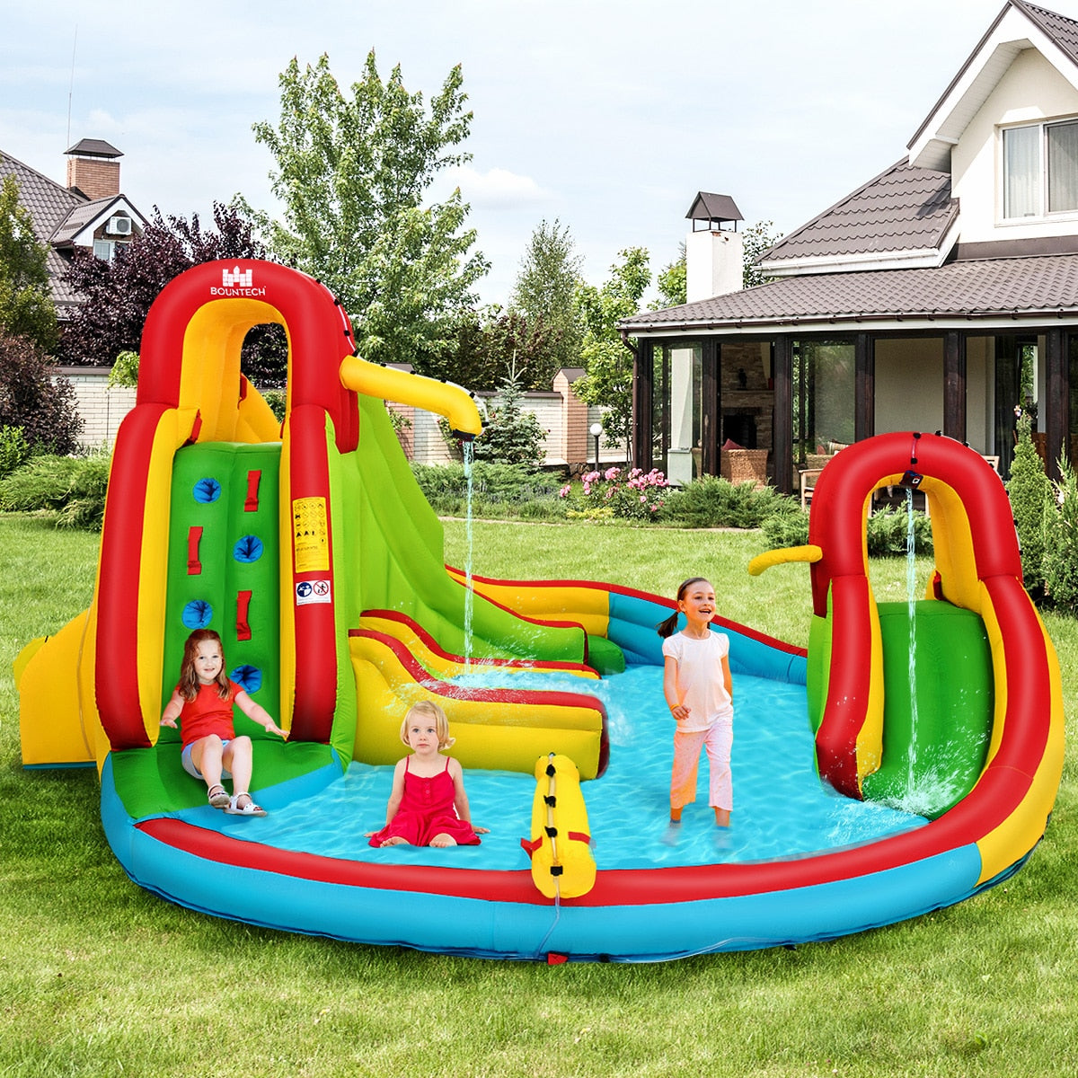 Inflatable Water Slide Park Pool with Water Cannon & 680W Blower