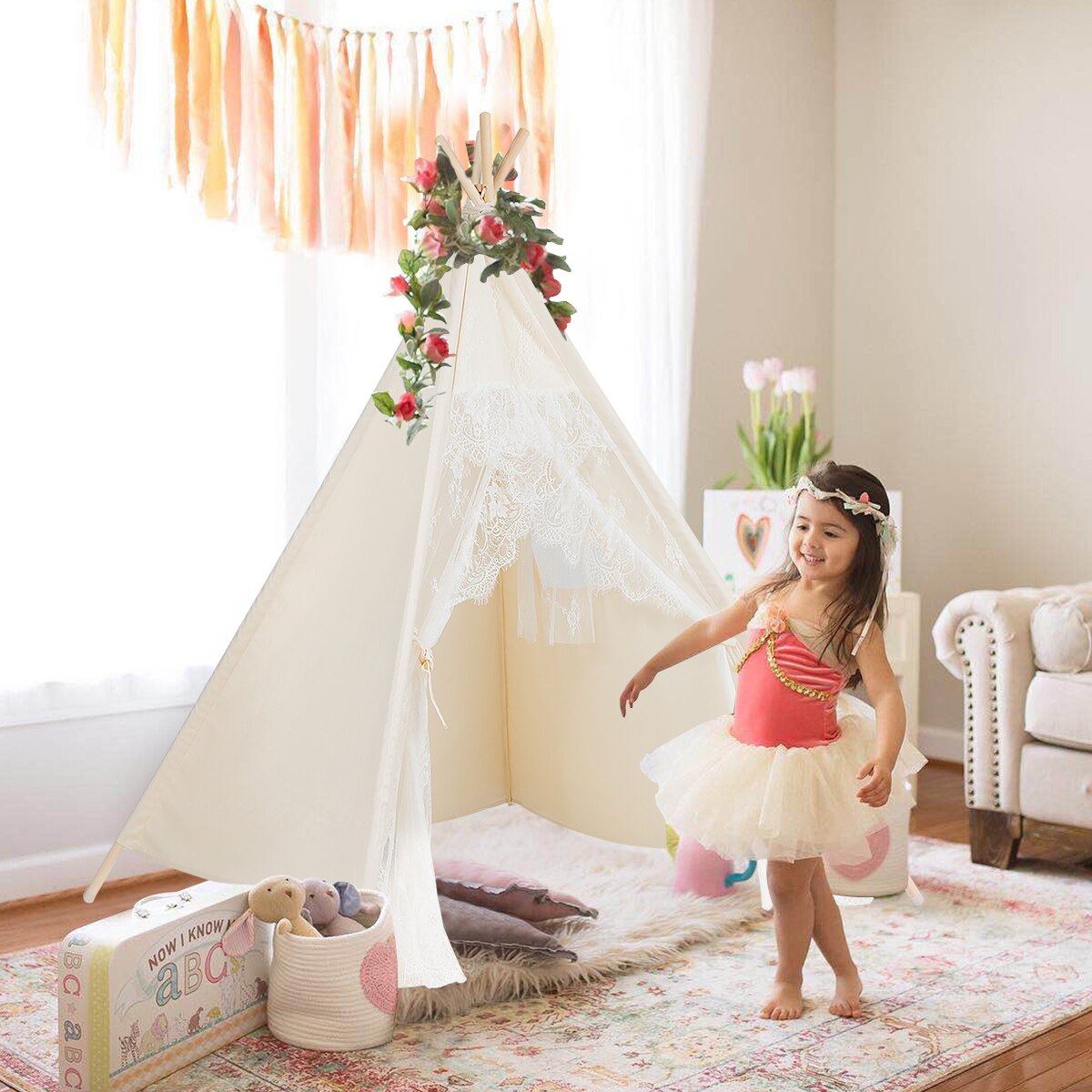 Kids Lace Teepee Tent with Bag for Home and Outdoor