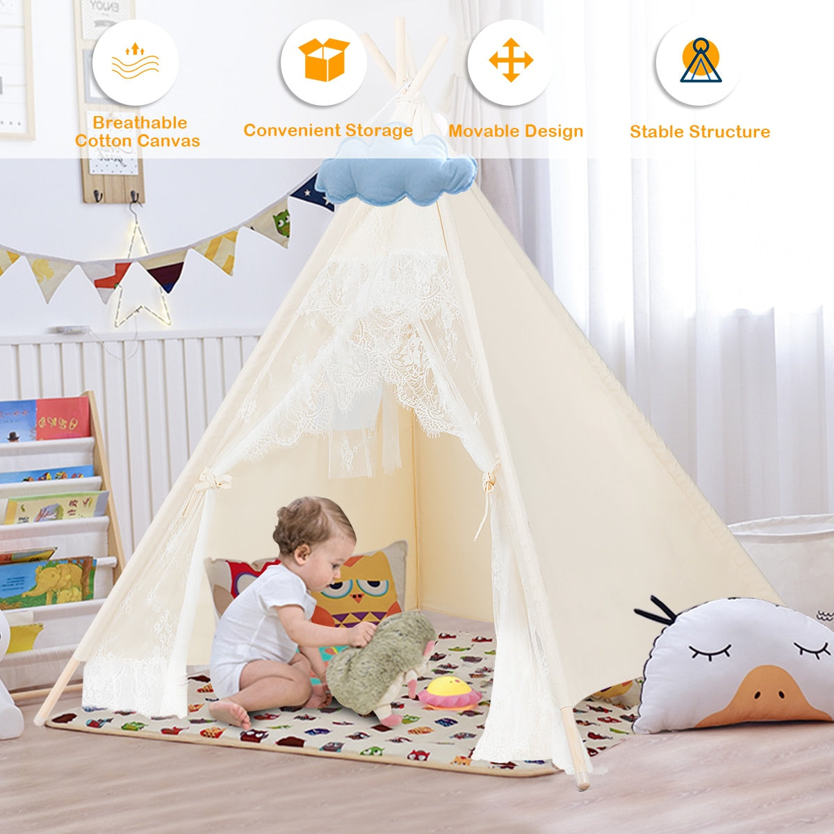 Kids Lace Teepee Tent with Bag for Home and Outdoor