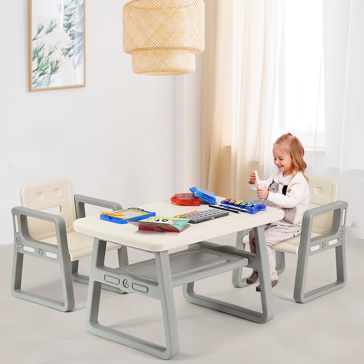 2-in-1 Table & 2 Chairs Set with Storage Shelf