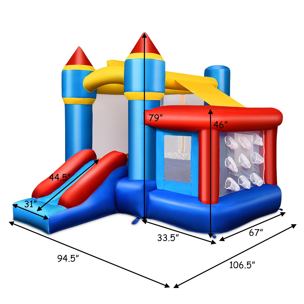 Inflatable Castle Slide Bouncer with Basketball Hoop and 480W Blower