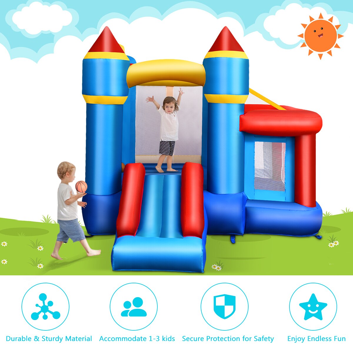 Inflatable Castle Slide Bouncer with Basketball Hoop and 480W Blower