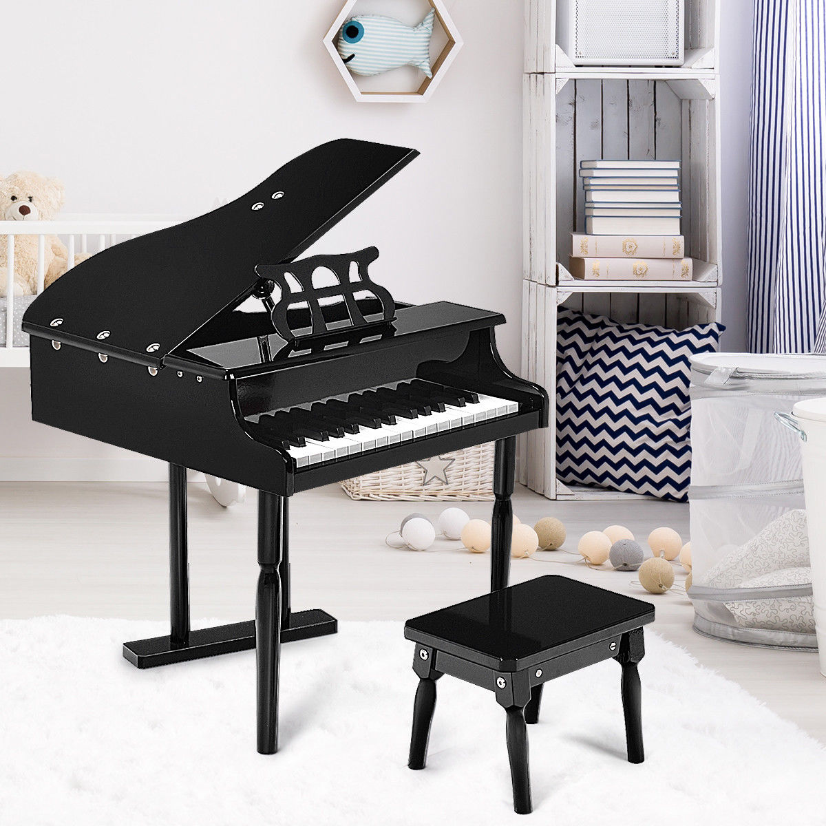 30-Key Baby Grand Piano with Bench & Music Rack in Black