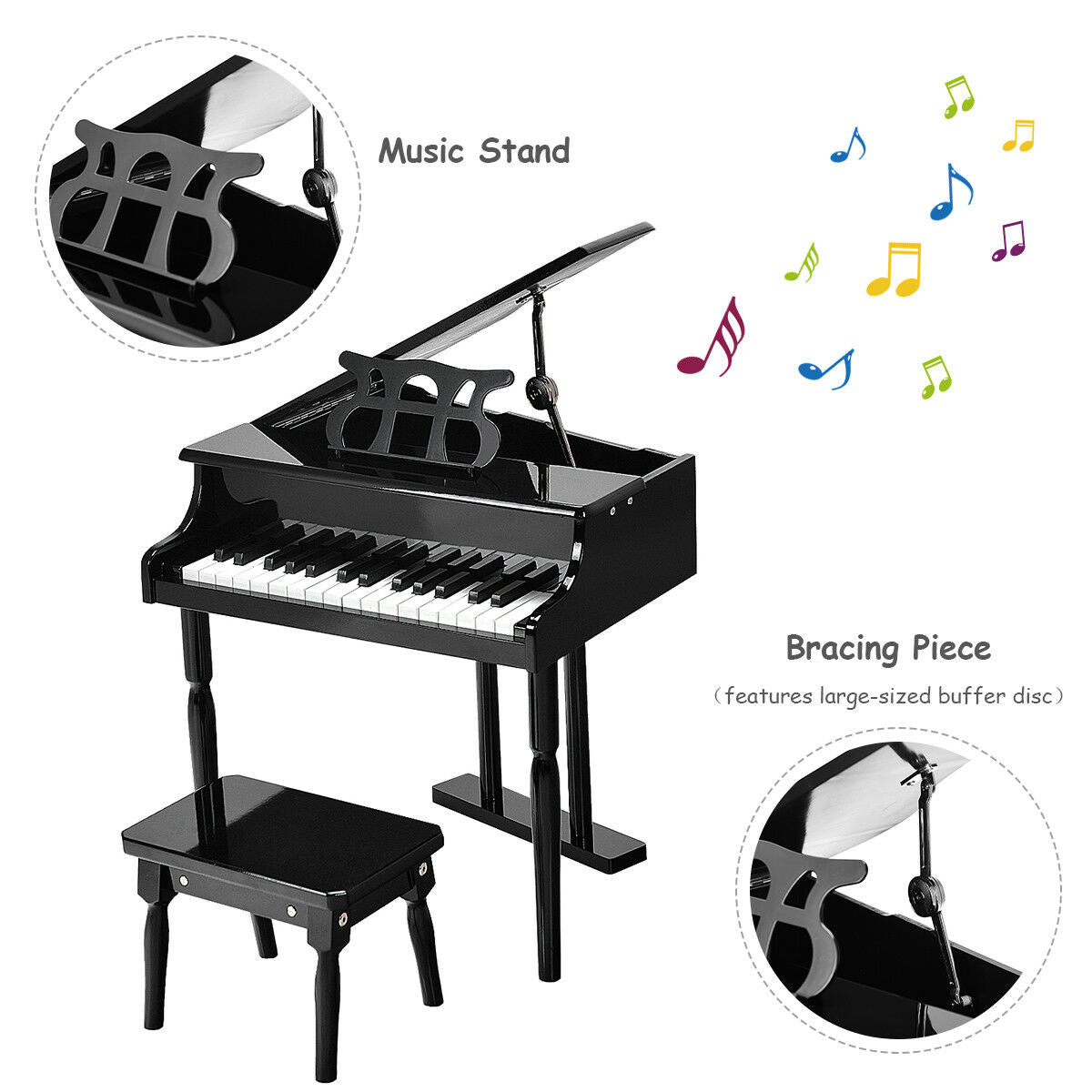 30-Key Baby Grand Piano with Bench & Music Rack in Black