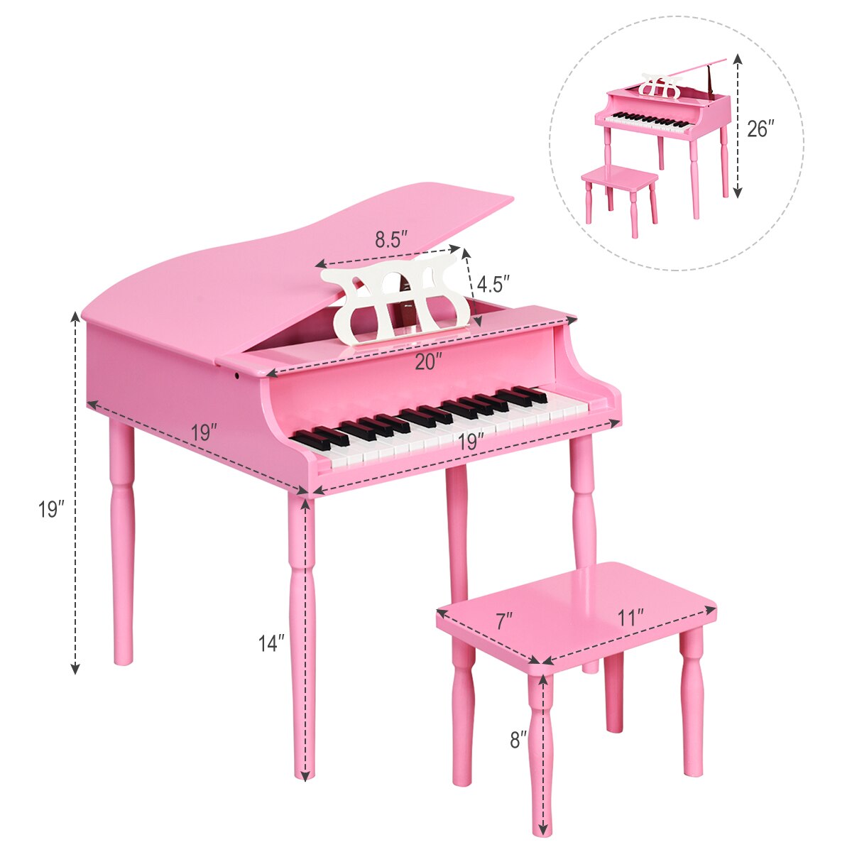 30-Key Classic Wooden Baby Grand Piano with Bench & Music Rack in Pink