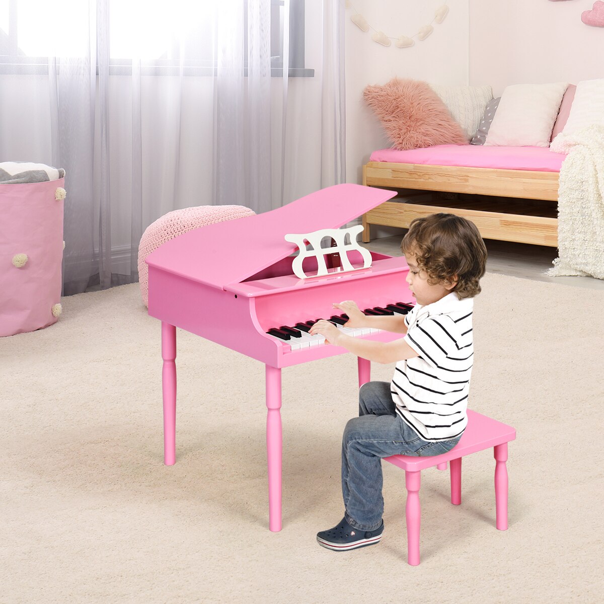 30-Key Classic Wooden Baby Grand Piano with Bench & Music Rack in Pink