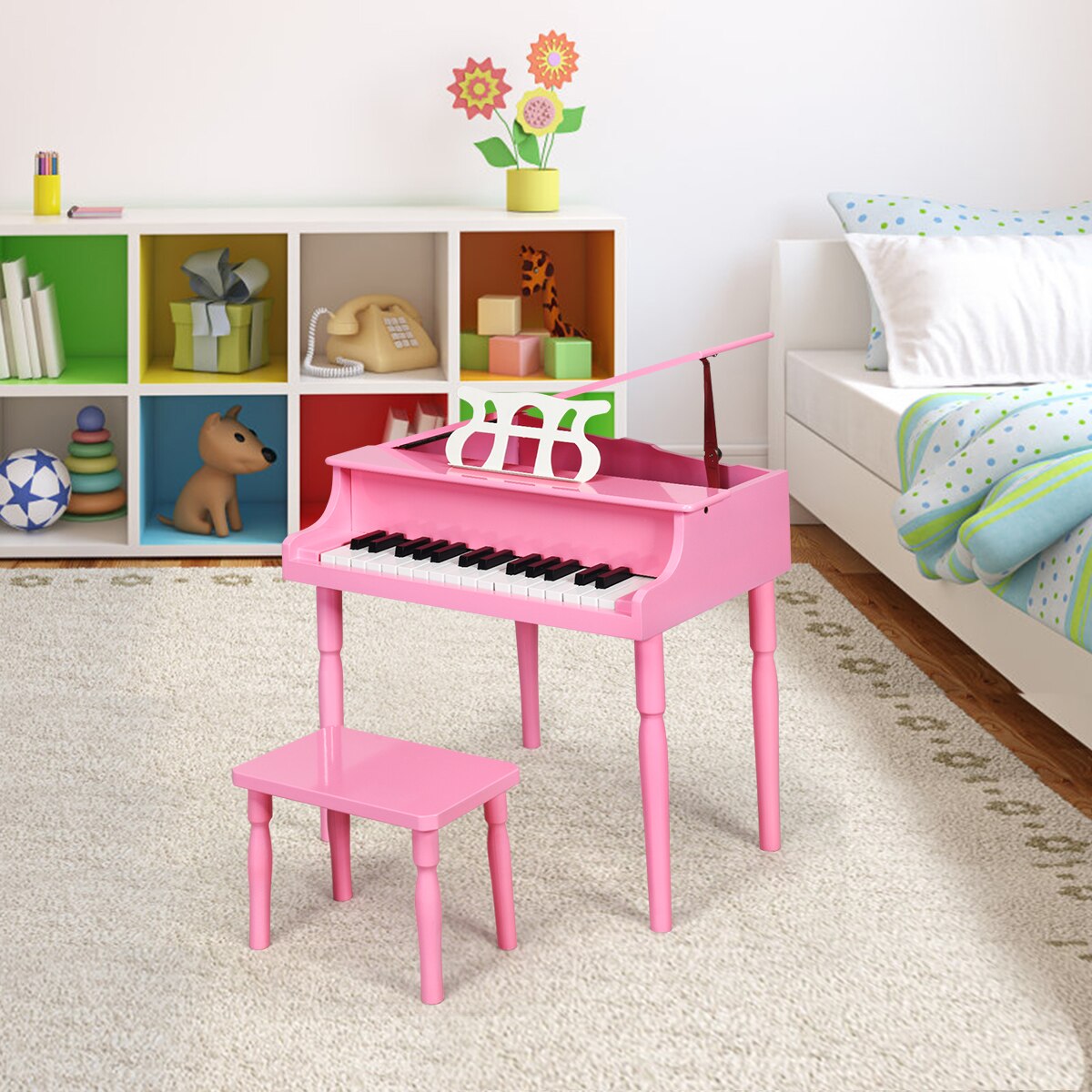 30-Key Classic Wooden Baby Grand Piano with Bench & Music Rack in Pink