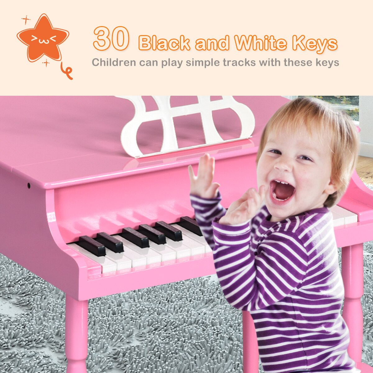 30-Key Classic Wooden Baby Grand Piano with Bench & Music Rack in Pink