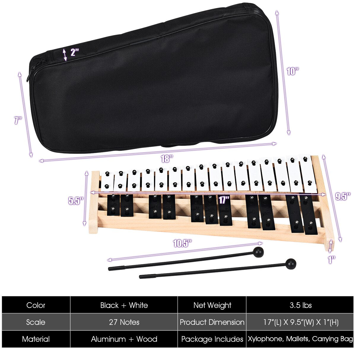 27 Note Foldable Kids Glockenspiel Xylophone