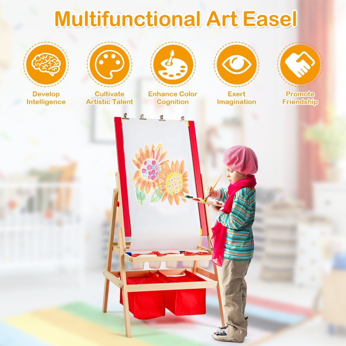 Flip-Over Double-Sided Kids Art Easel with Paper Roll Storage Bins & Accessories