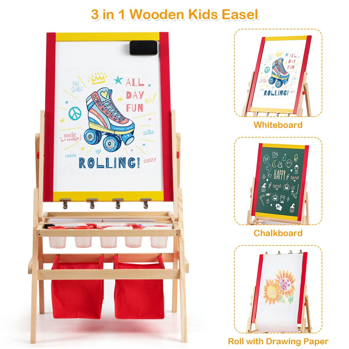 Flip-Over Double-Sided Kids Art Easel with Paper Roll Storage Bins & Accessories