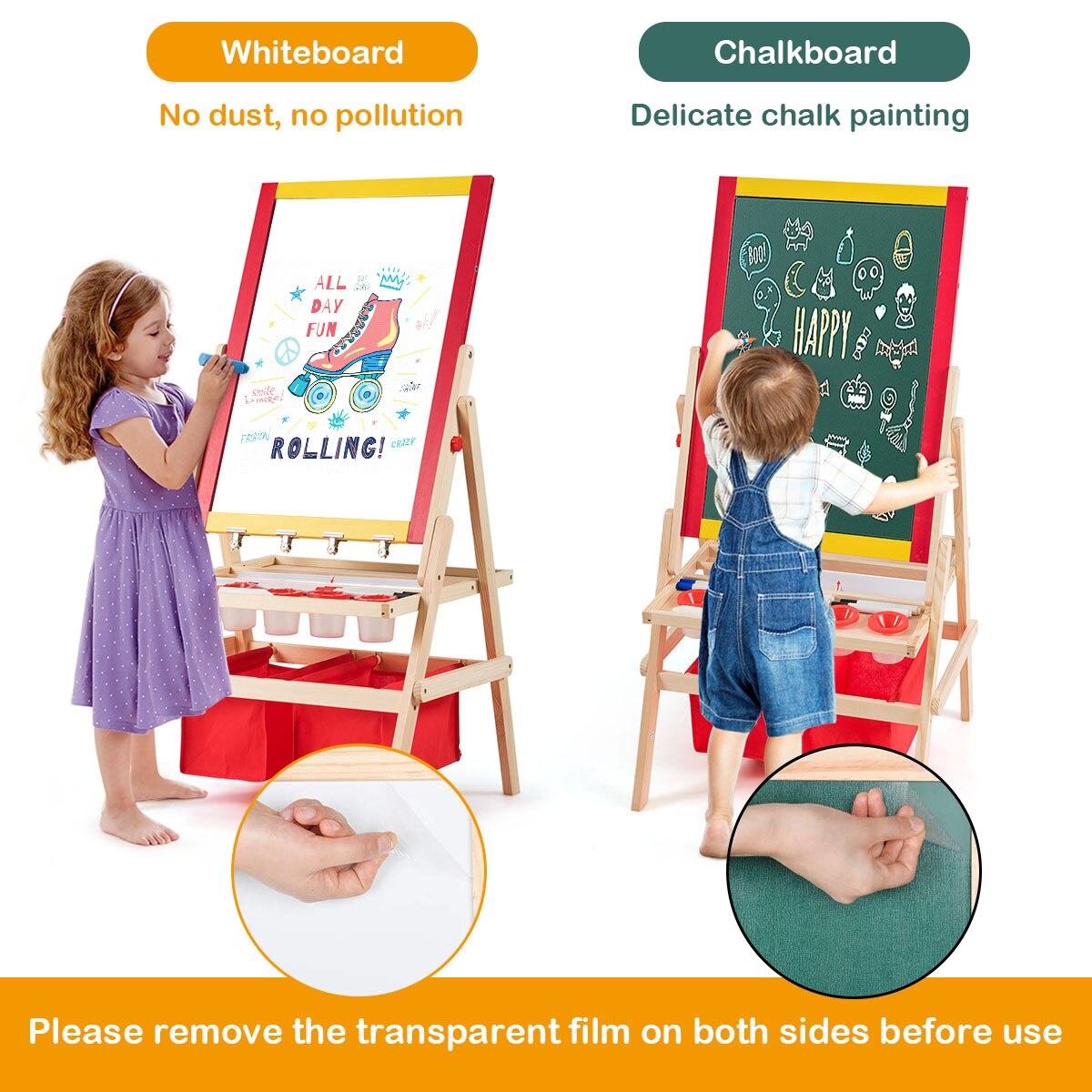 Flip-Over Double-Sided Kids Art Easel with Paper Roll Storage Bins & Accessories