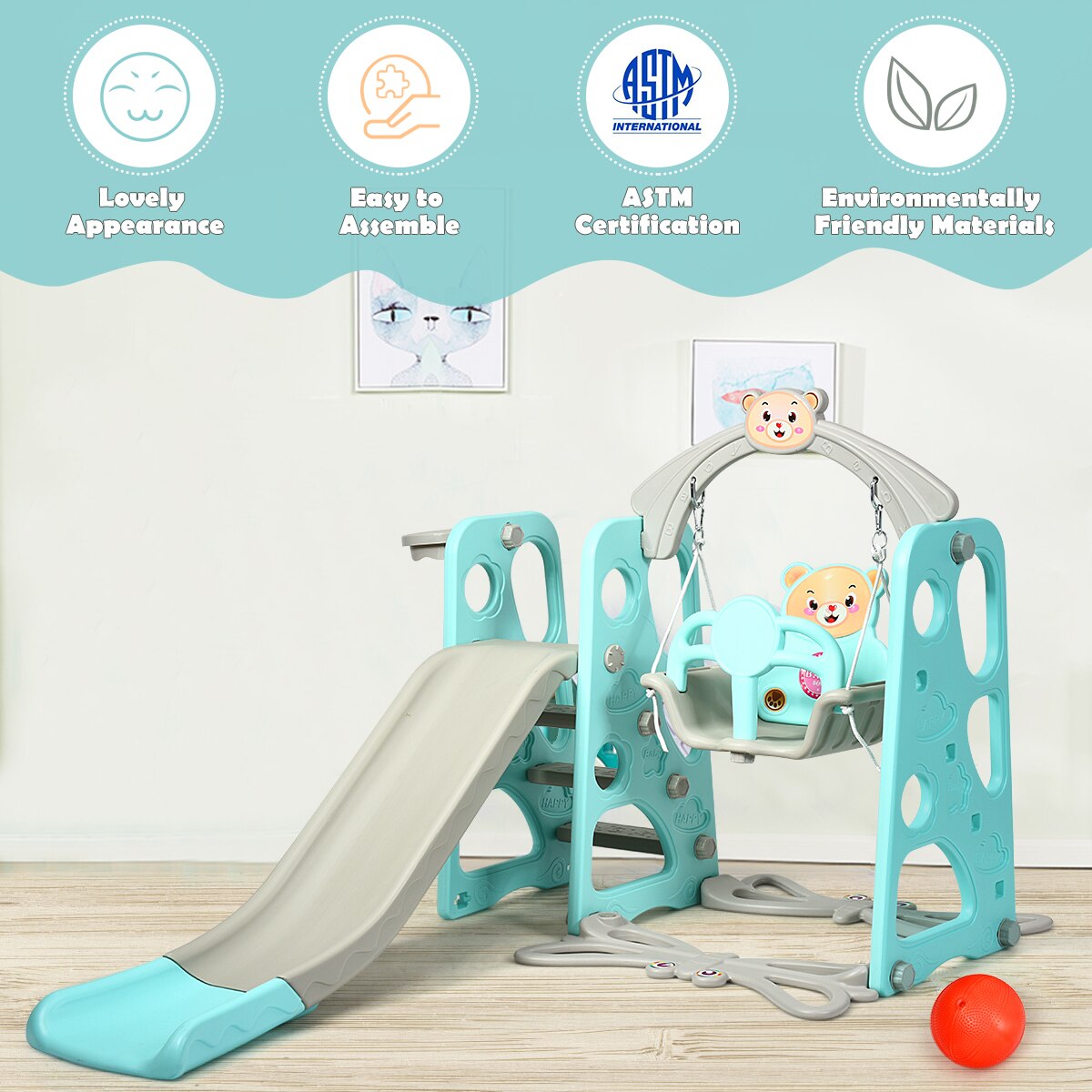 3-in-1 Climber and Swing Set with Hoop & Ball