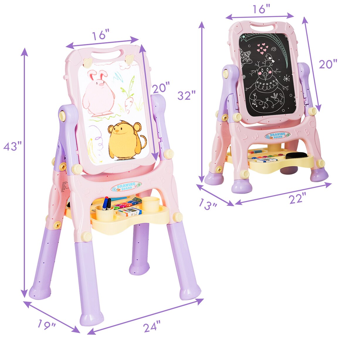 Adjustable Height Double-Sided Art Easel with Accessories in Purple