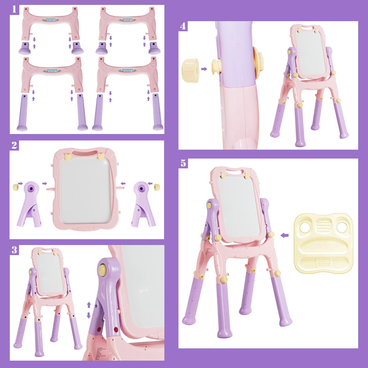 Adjustable Height Double-Sided Art Easel with Accessories in Purple