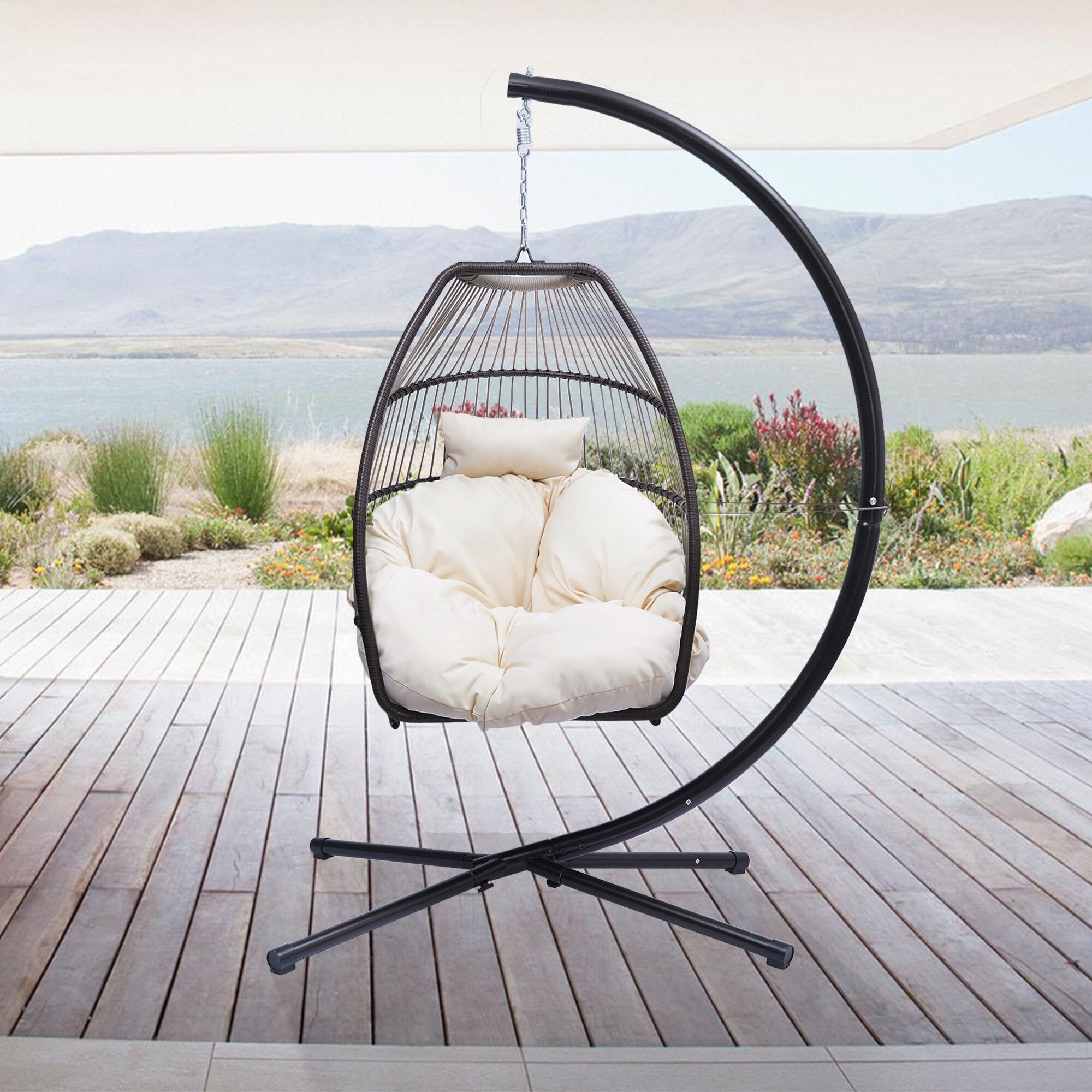 Patio Rattan Hanging Egg Chair with Cushion