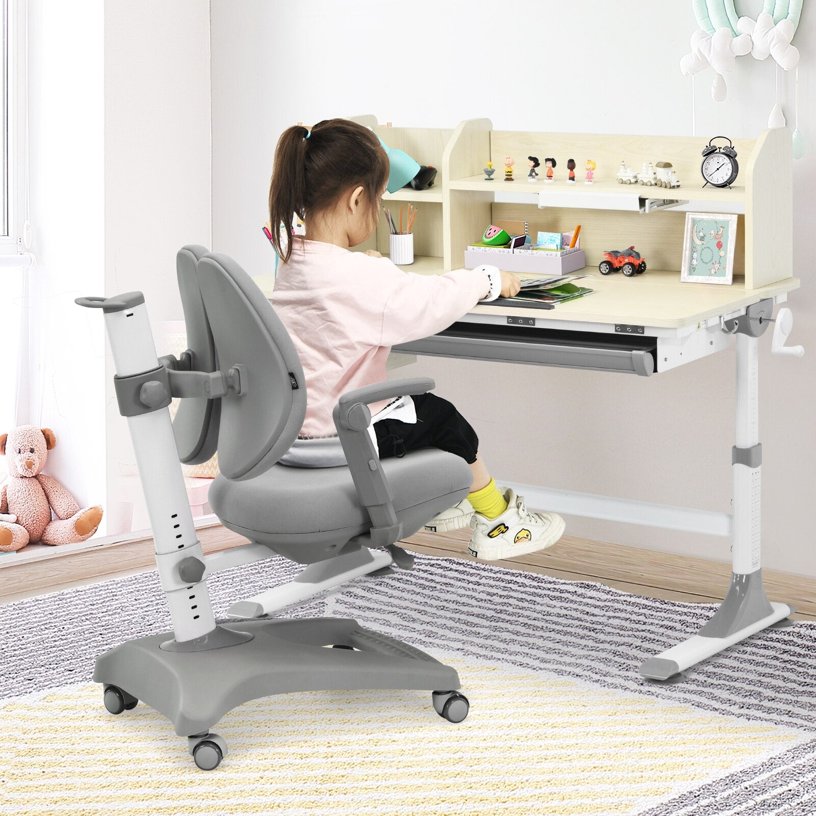 Adjustable Height Study Desk & Chair with Bookshelf