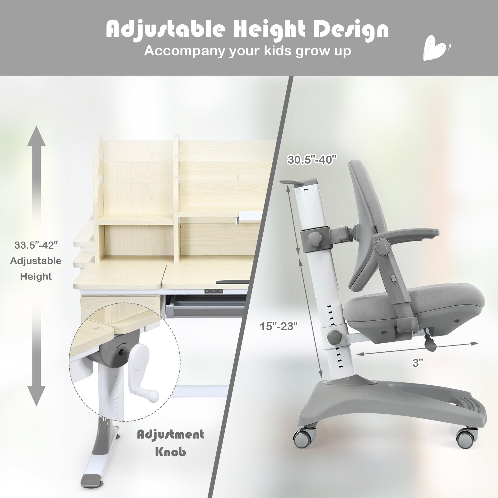 Adjustable Height Study Desk & Chair with Bookshelf