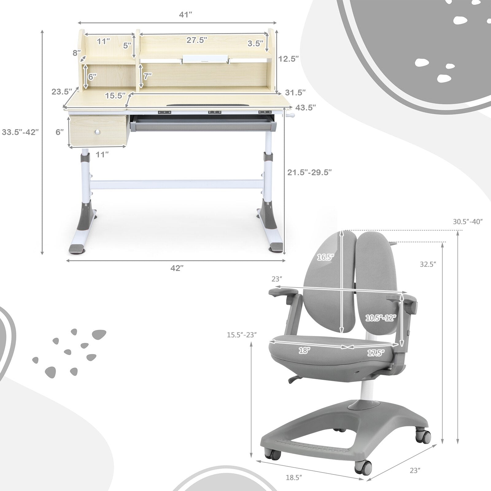 Adjustable Height Study Desk & Chair with Bookshelf