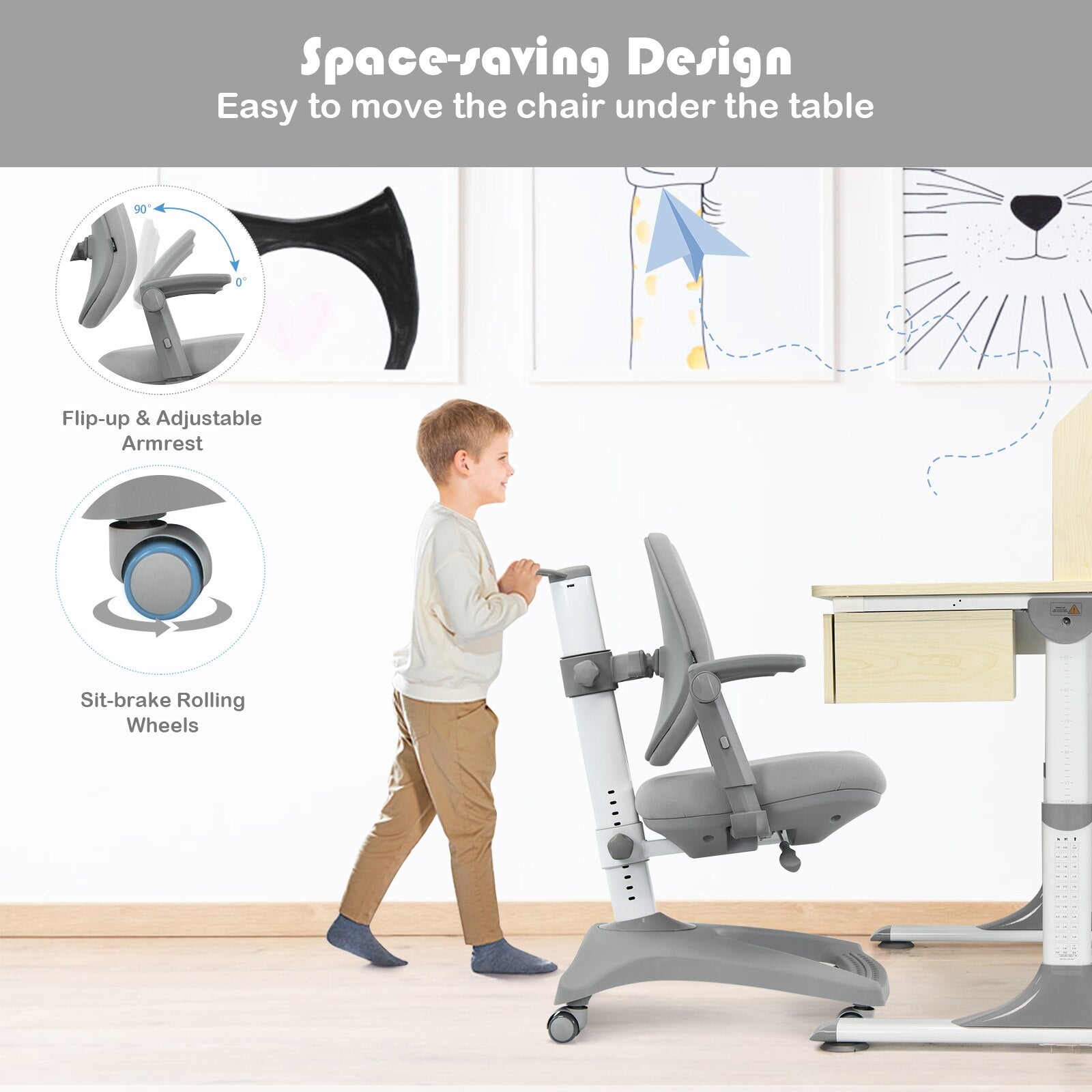 Adjustable Height Study Desk & Chair with Bookshelf