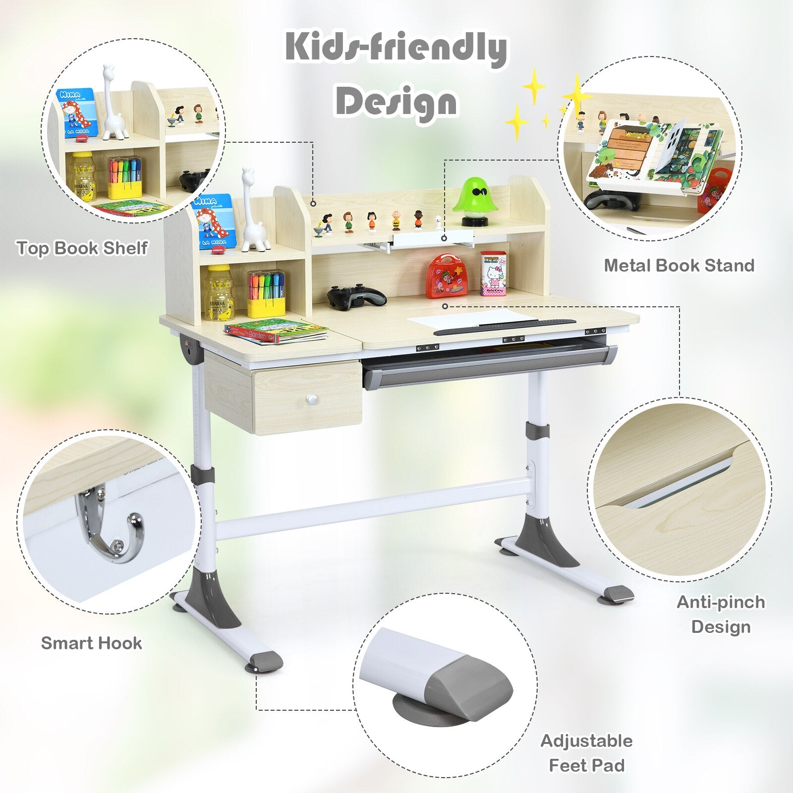 Height Adjustable Study Desk with Bookshelf & Hutch