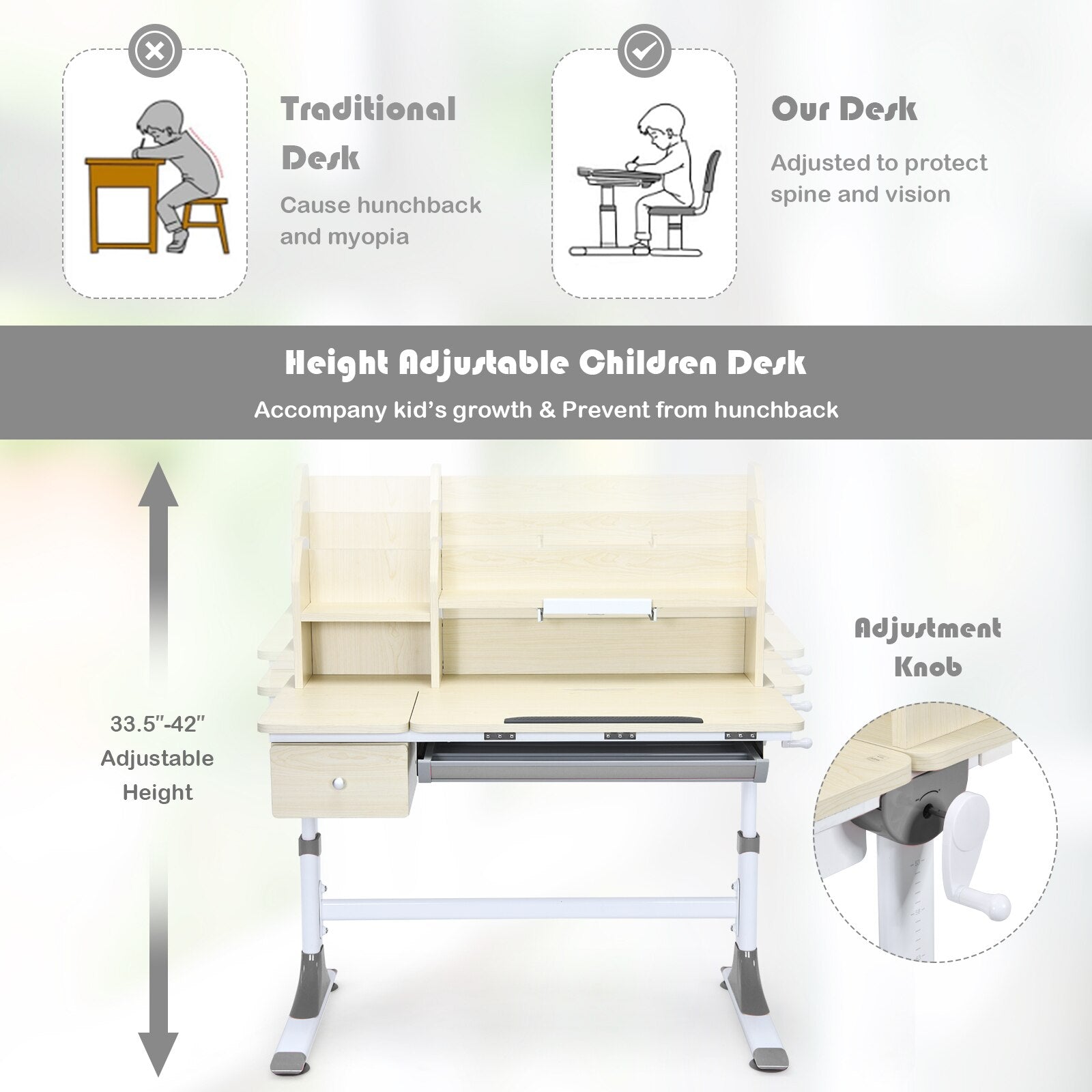 Height Adjustable Study Desk with Bookshelf & Hutch