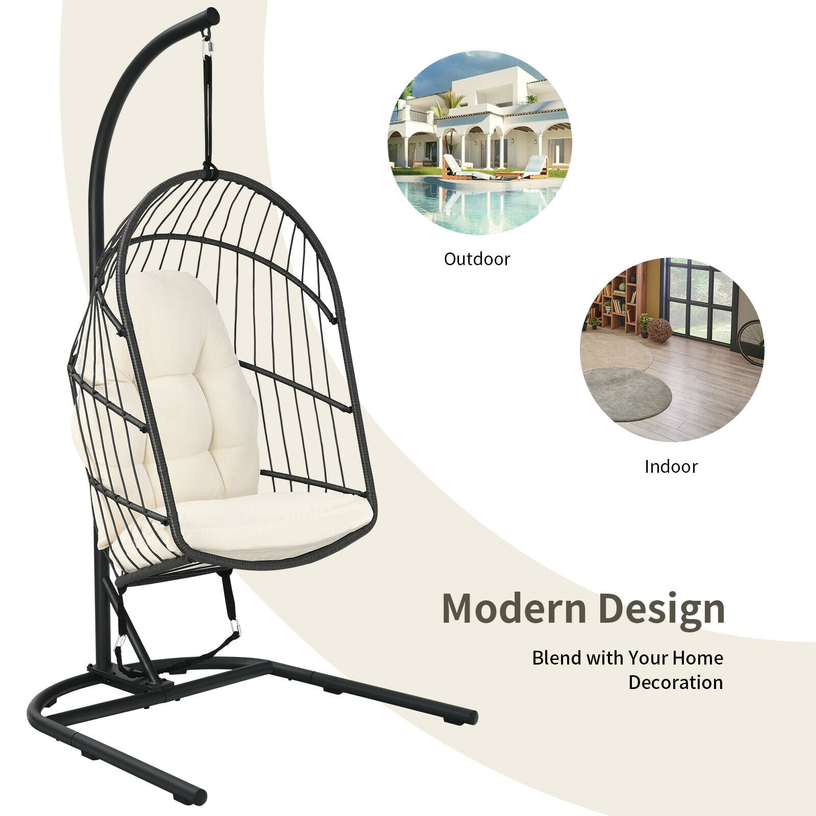 Foldable Wicker Rattan Hanging Egg Chair with Stand and Cushion