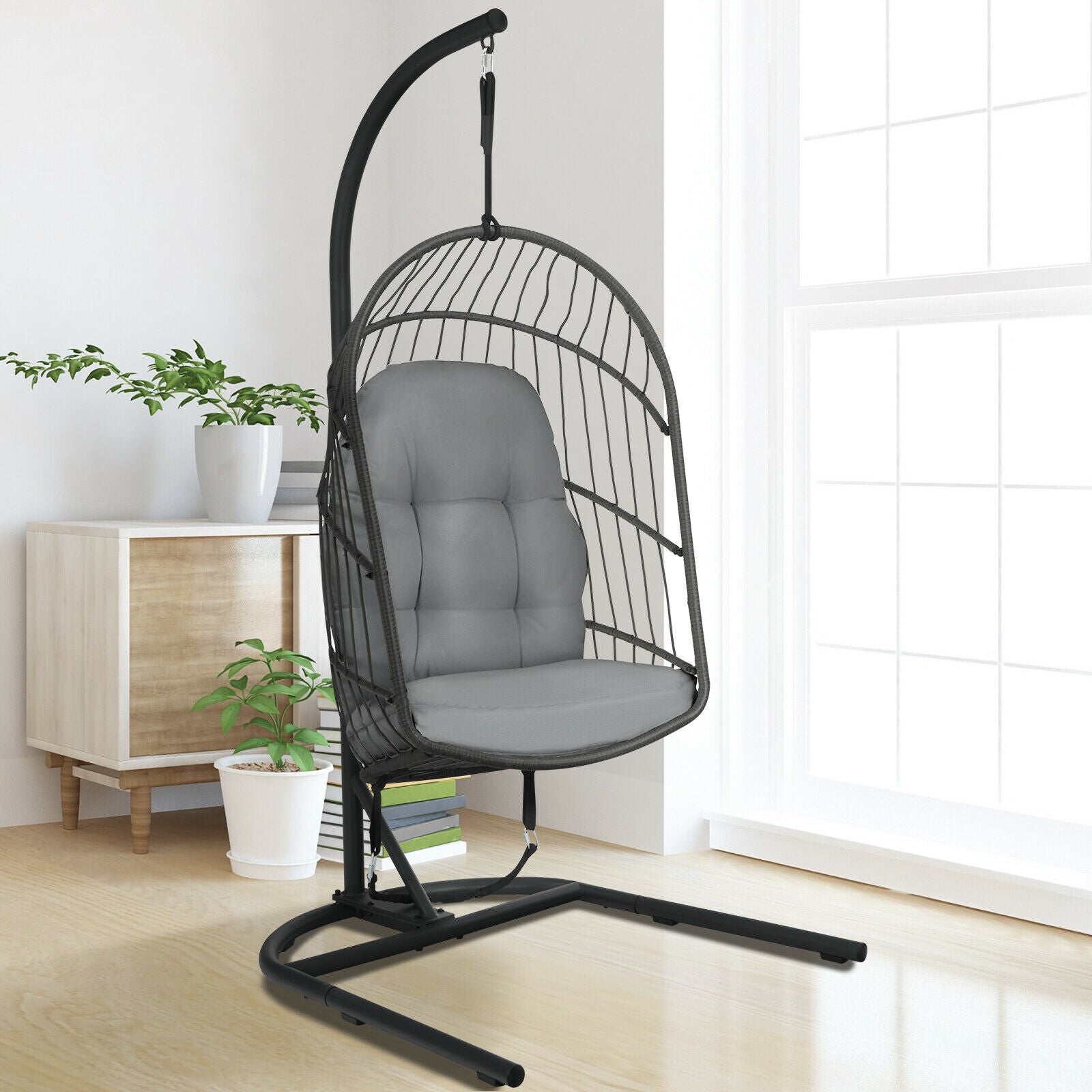 Foldable Wicker Rattan Hanging Egg Chair with Stand and Cushion