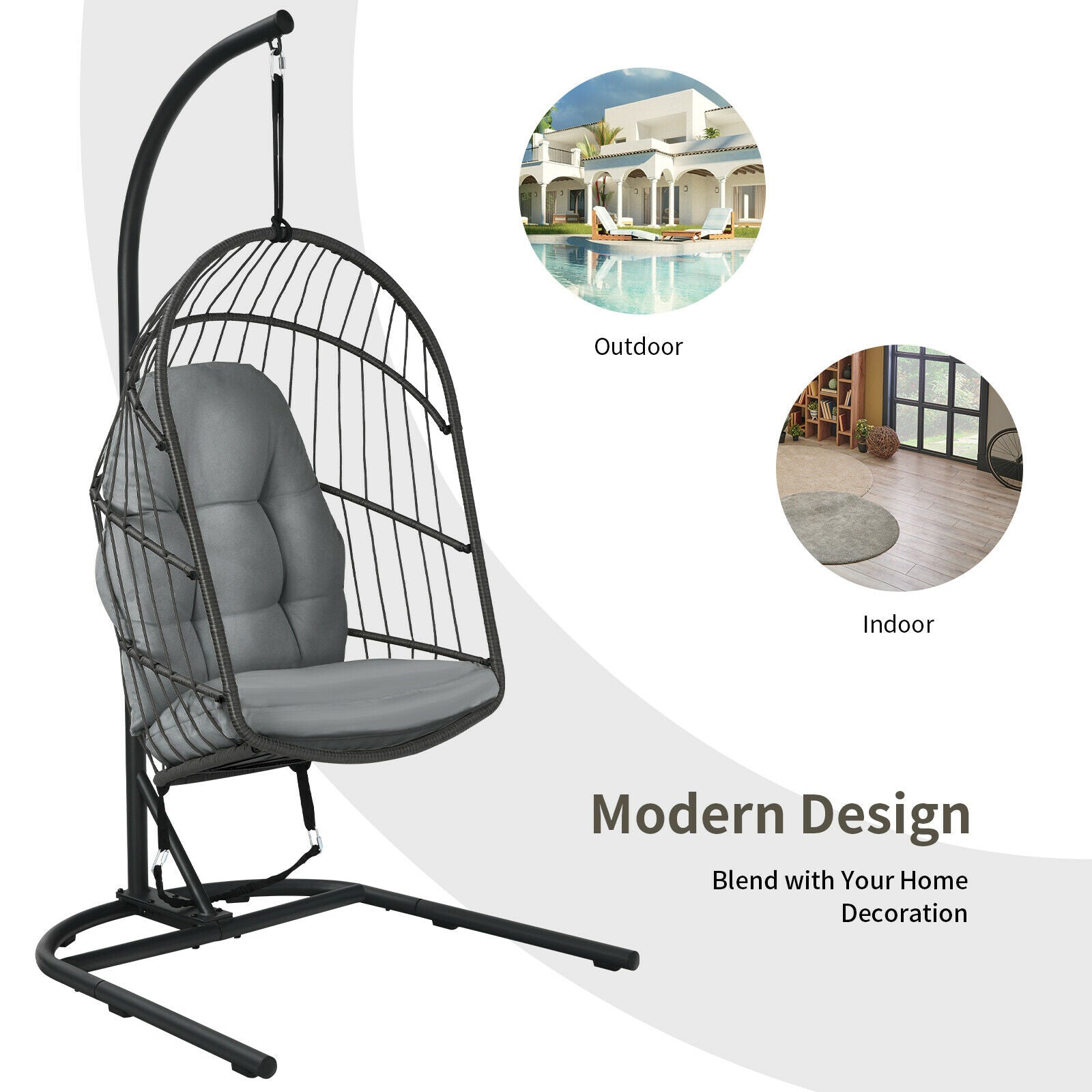 Foldable Wicker Rattan Hanging Egg Chair with Stand and Cushion