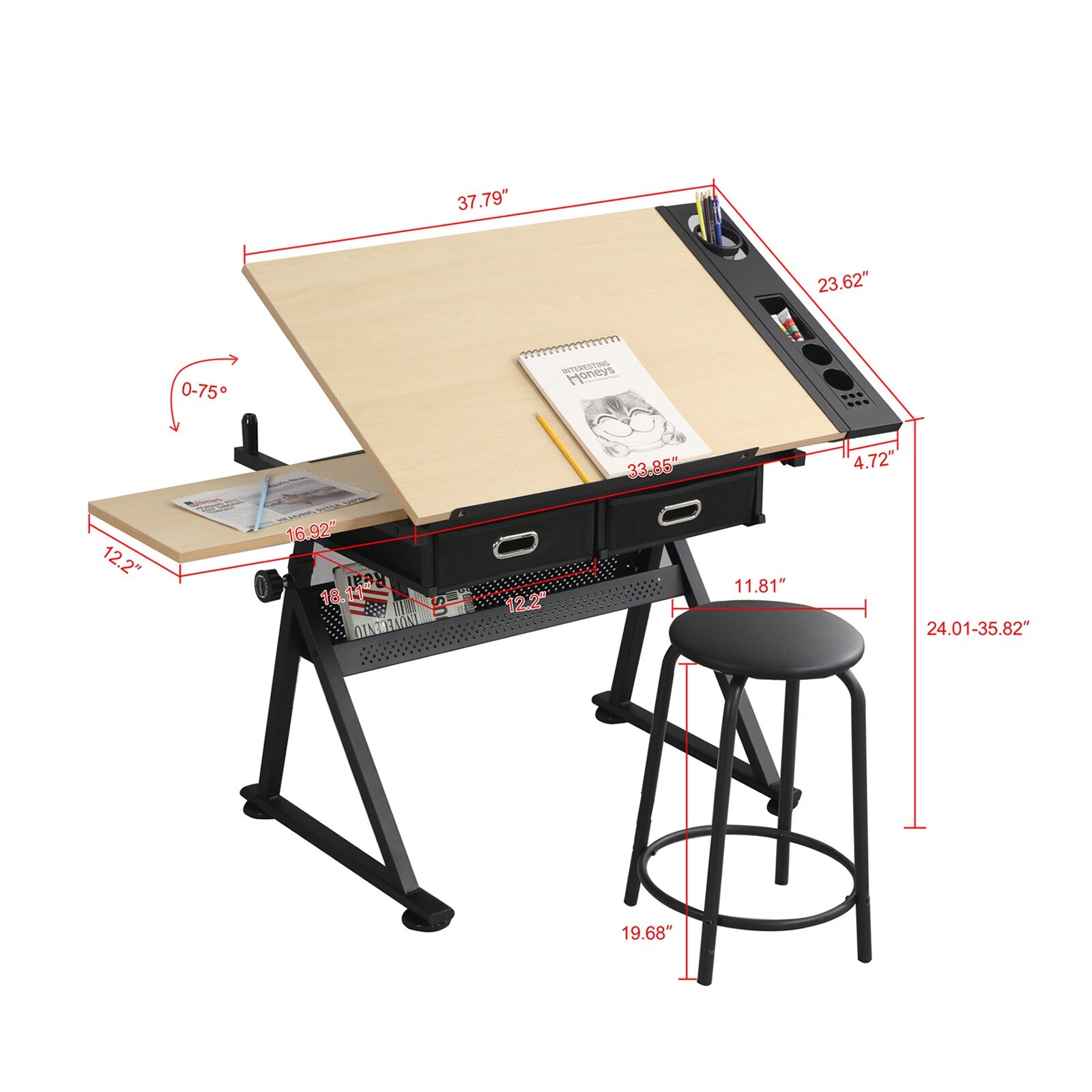 Height Adjustable Drawing Table with Storage Drawers and Stool