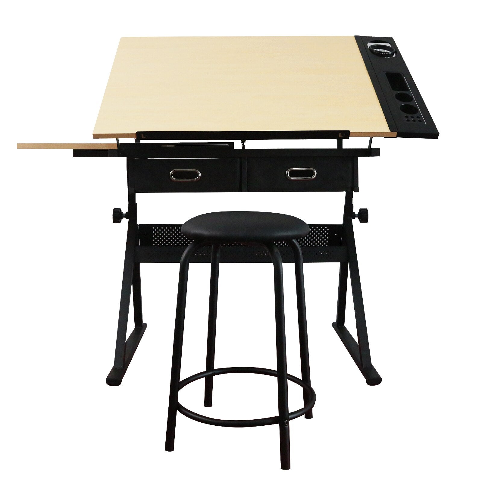 Height Adjustable Drawing Table with Storage Drawers and Stool