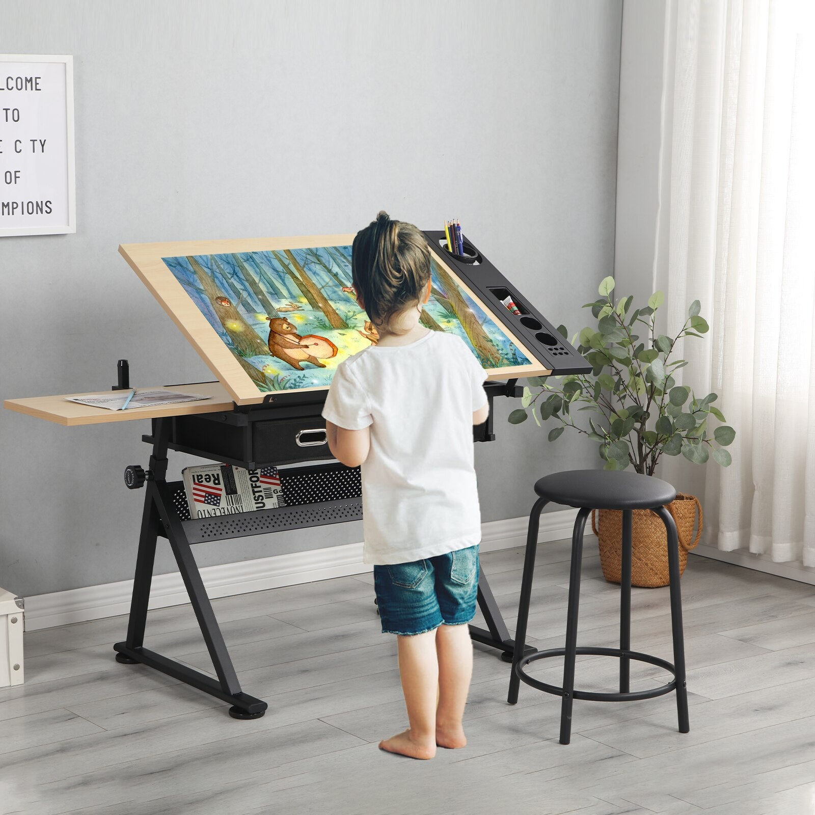 Height Adjustable Drawing Table with Storage Drawers and Stool