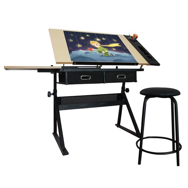 Height Adjustable Drawing Table with Storage Drawers and Stool