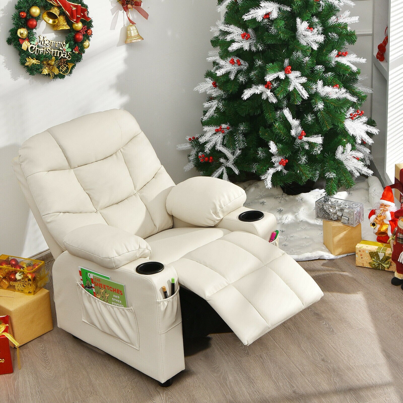 Multifunctional Kids PU Leather Recliner Chair with Cup Holders & Side Pockets