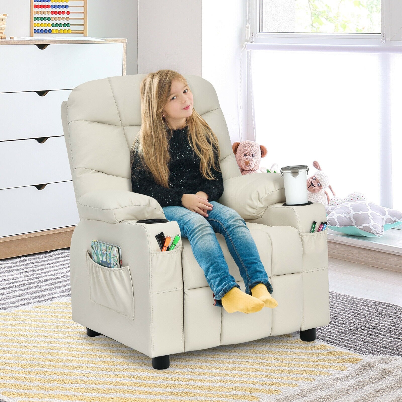 Multifunctional Kids PU Leather Recliner Chair with Cup Holders & Side Pockets