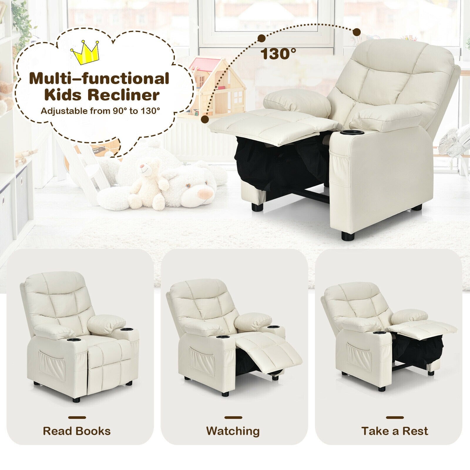 Multifunctional Kids PU Leather Recliner Chair with Cup Holders & Side Pockets