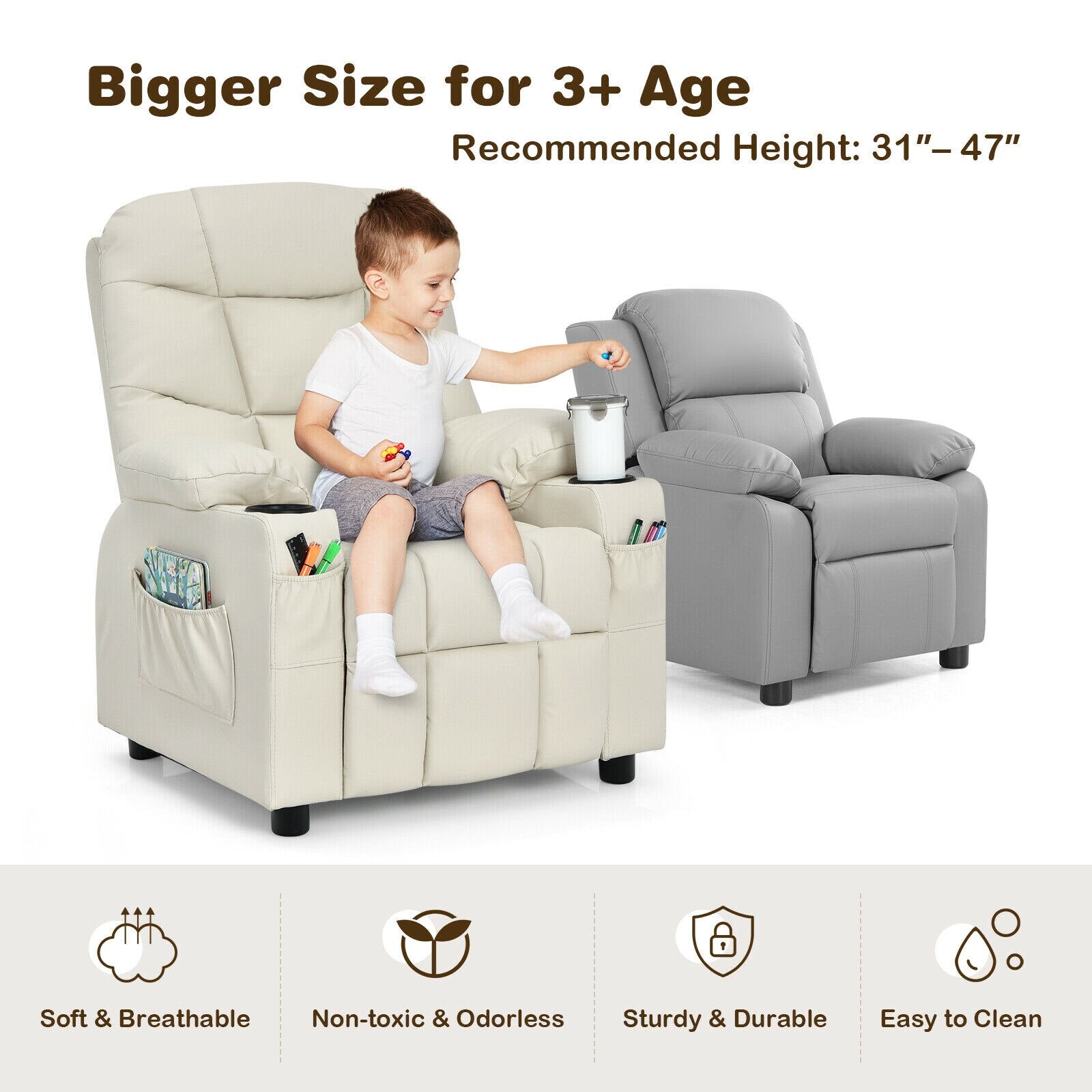 Multifunctional Kids PU Leather Recliner Chair with Cup Holders & Side Pockets