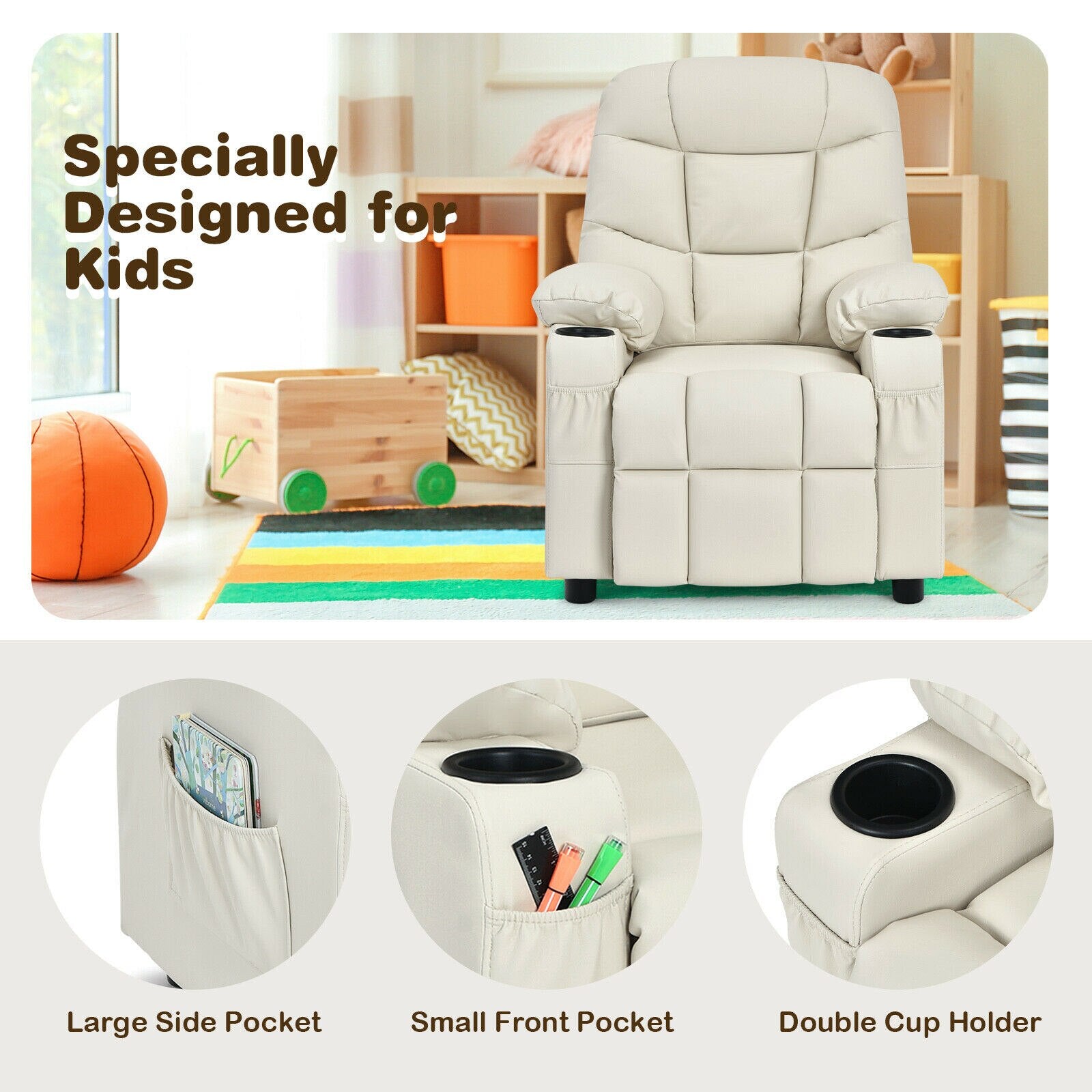 Multifunctional Kids PU Leather Recliner Chair with Cup Holders & Side Pockets