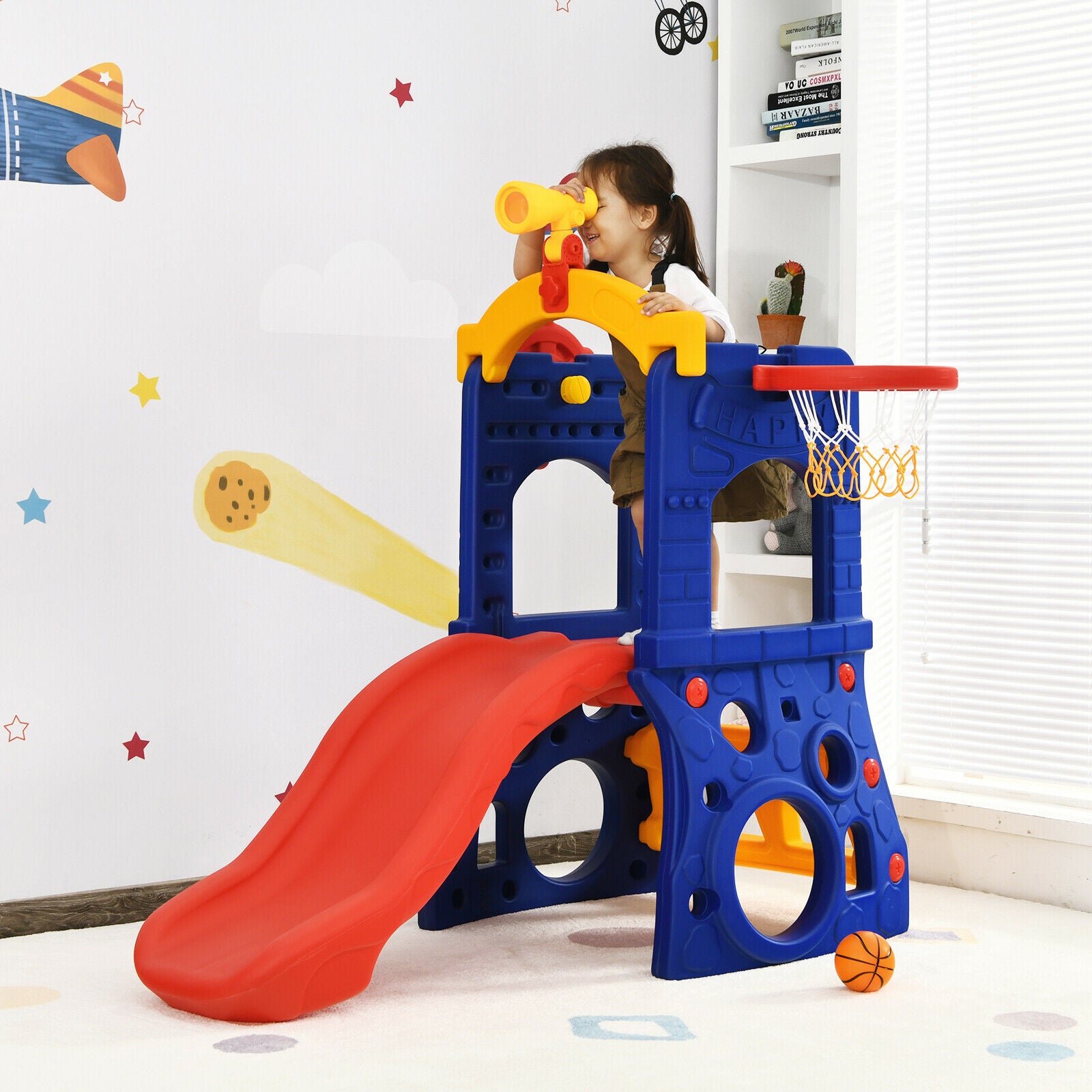 6-in-1 Freestanding Kids Climber with Basketball Hoop