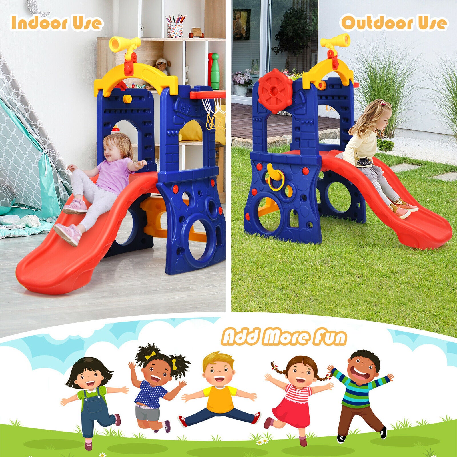 6-in-1 Freestanding Kids Climber with Basketball Hoop