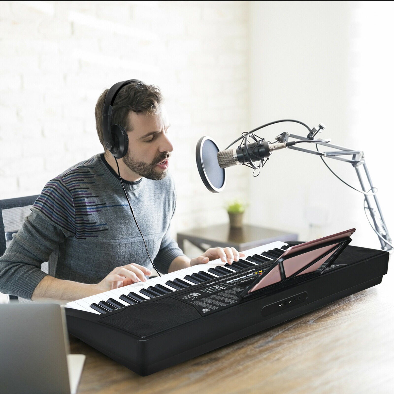 61-Key Electronic Piano Keyboard with Lighted Keys, Stand, Bench, Headphone and Microphone