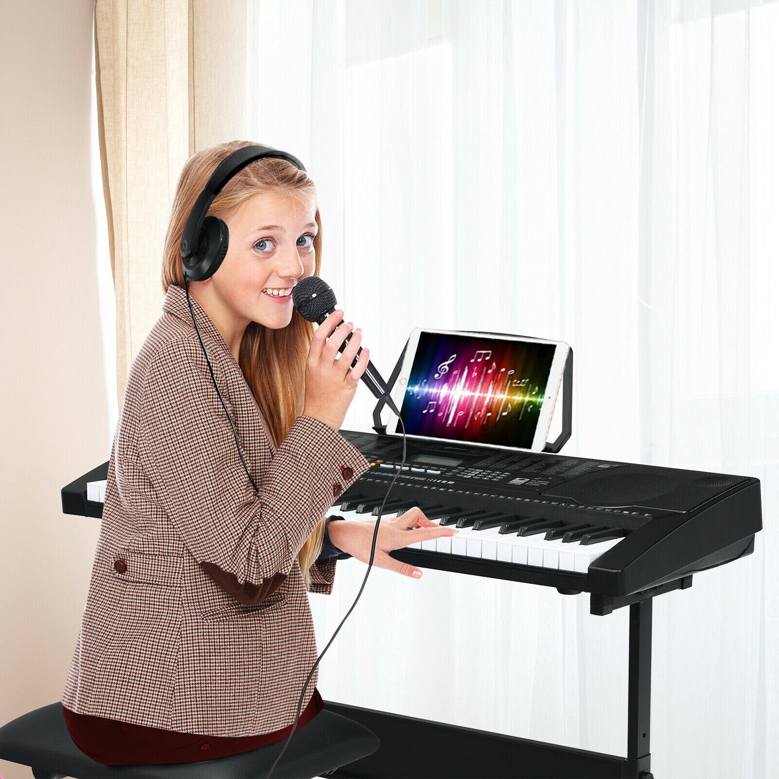 61-Key Electronic Piano Keyboard with Lighted Keys, Stand, Bench, Headphone and Microphone