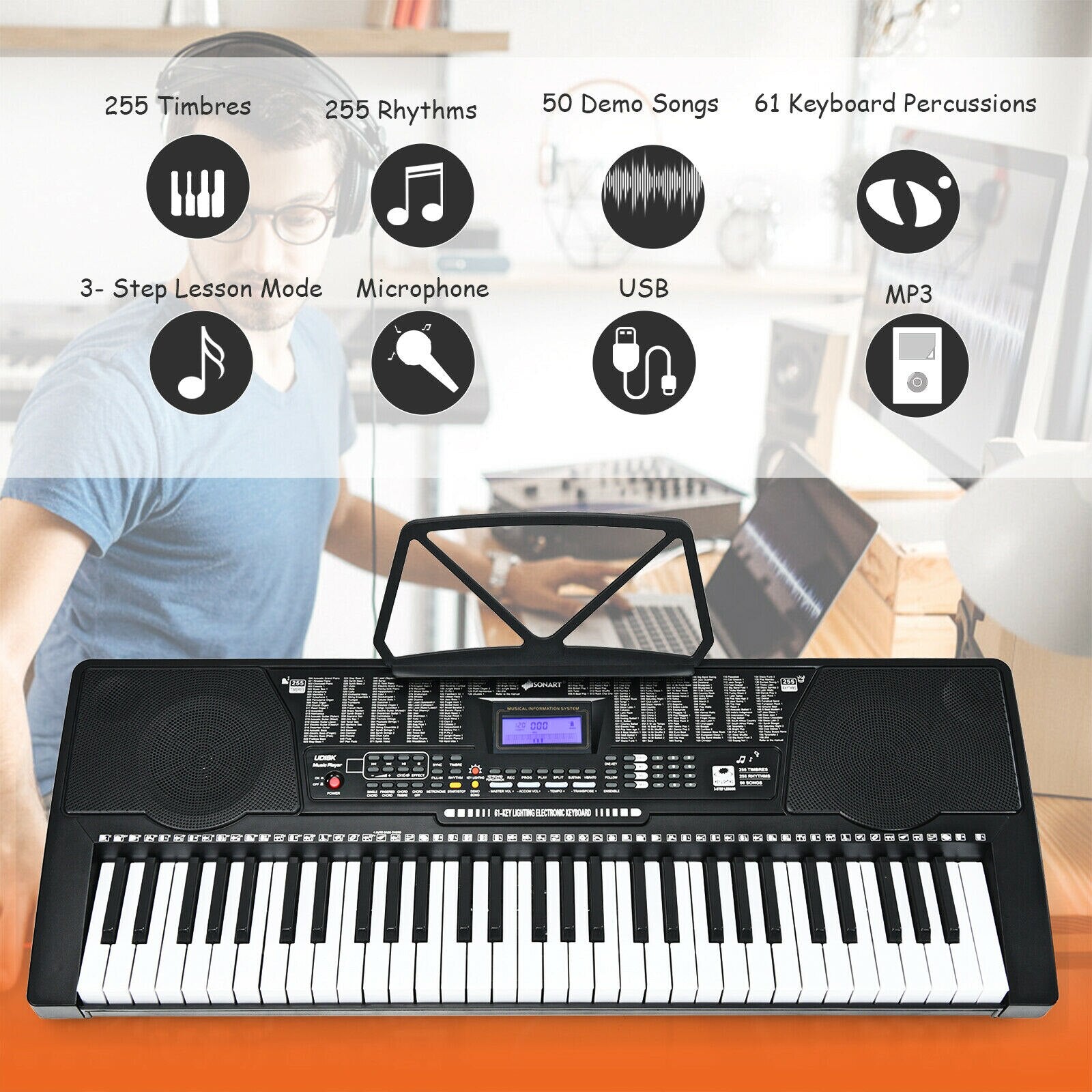 61-Key Electronic Piano Keyboard with Lighted Keys, Stand, Bench, Headphone and Microphone