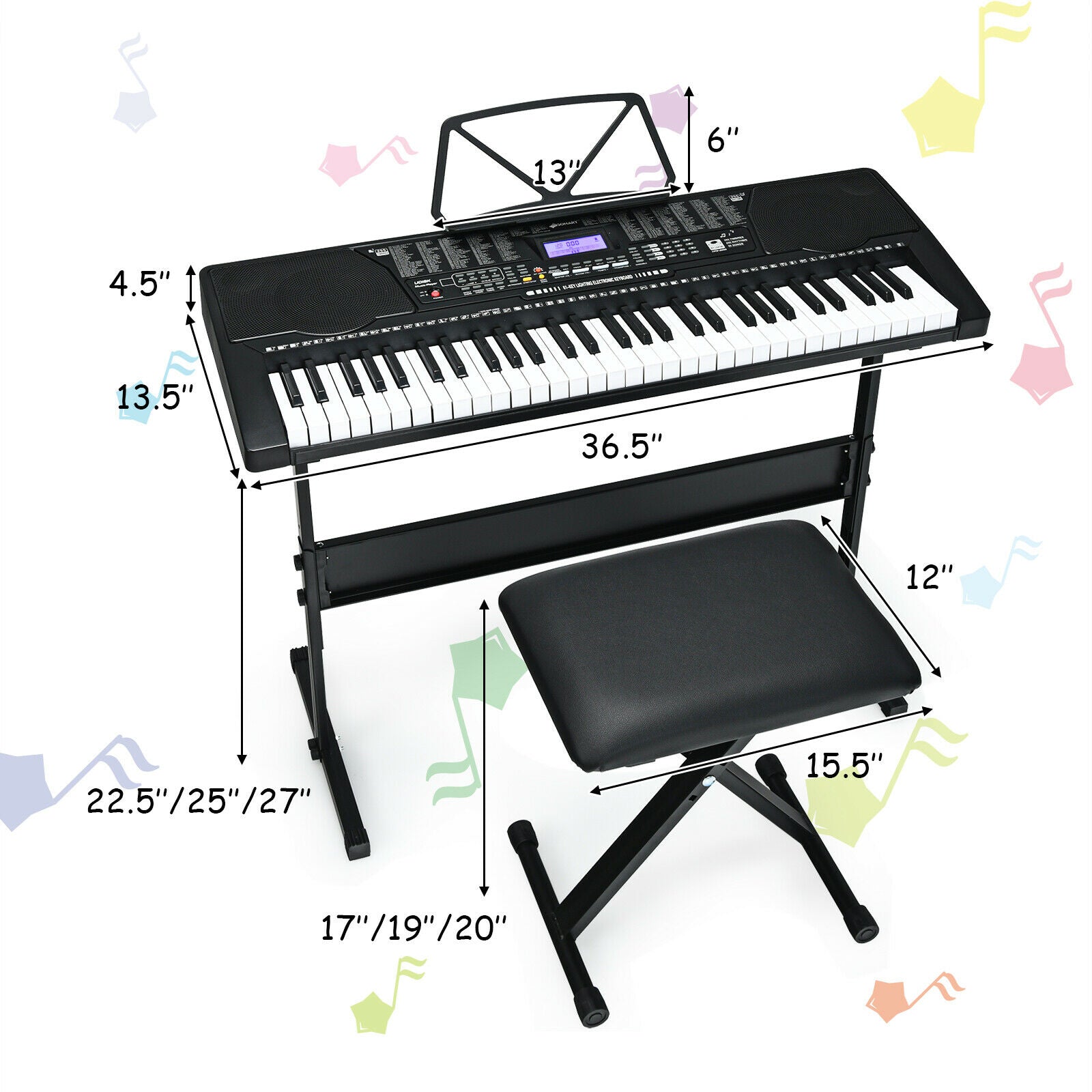 61-Key Electronic Piano Keyboard with Lighted Keys, Stand, Bench, Headphone and Microphone