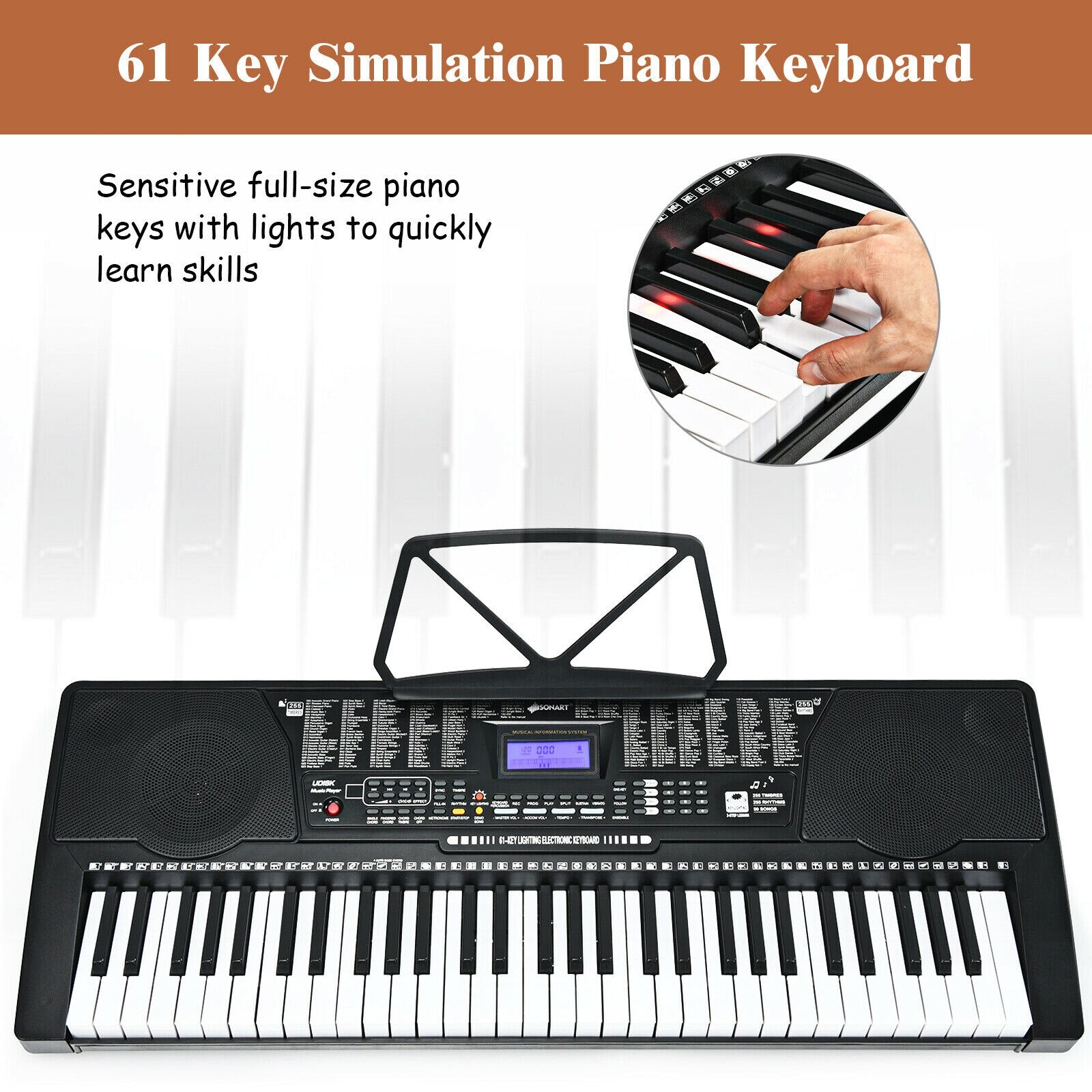 61-Key Electronic Piano Keyboard with Lighted Keys, Stand, Bench, Headphone and Microphone