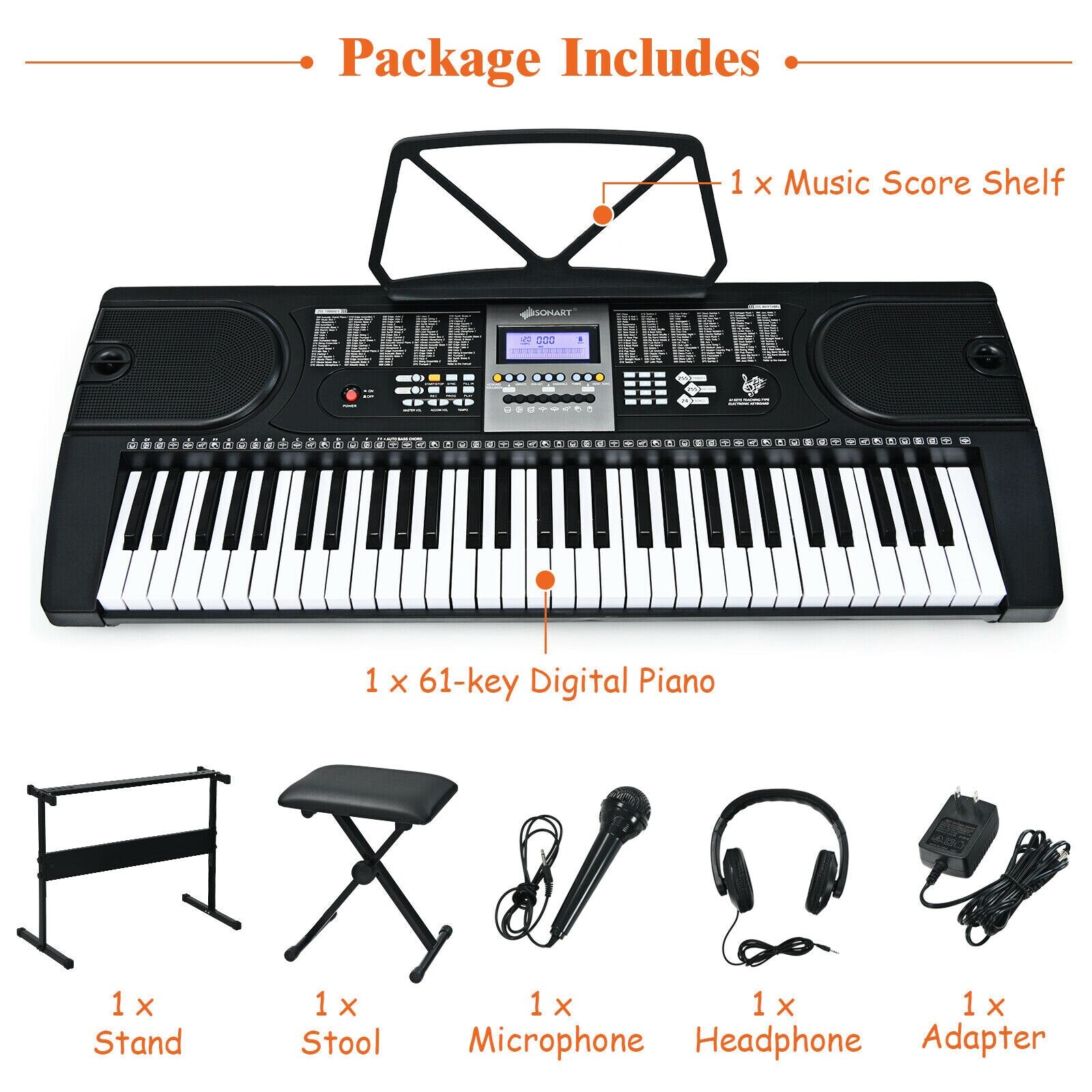 61-Key Electronic Piano Keyboard with Lighted Keys, Stand, Bench, Headphone and Microphone